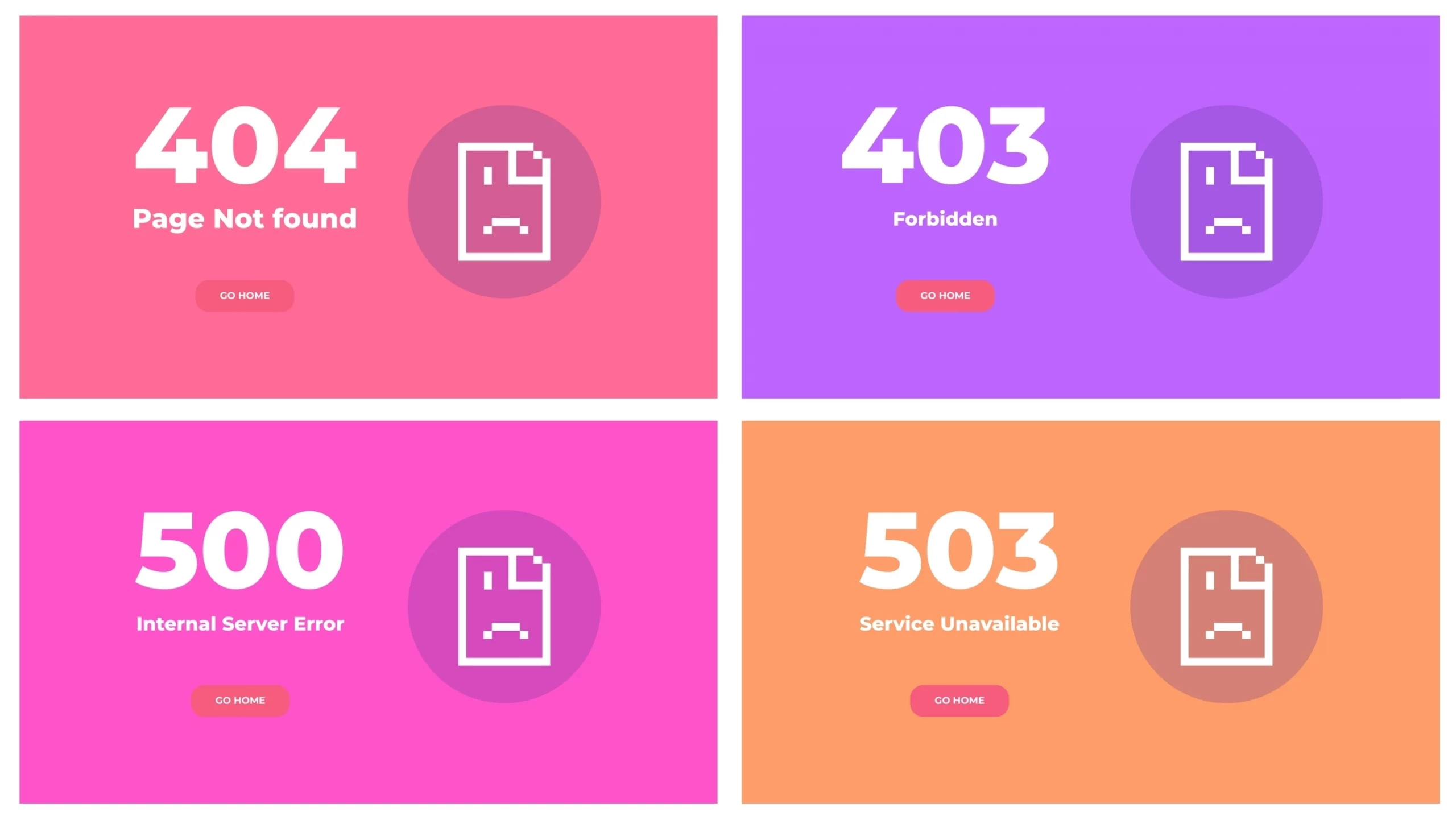 Vier farbige Fehlerseiten-Beispiele mit den HTTP-Statuscodes 404 (Page Not Found), 403 (Forbidden), 500 (Internal Server Error) und 503 (Service Unavailable)