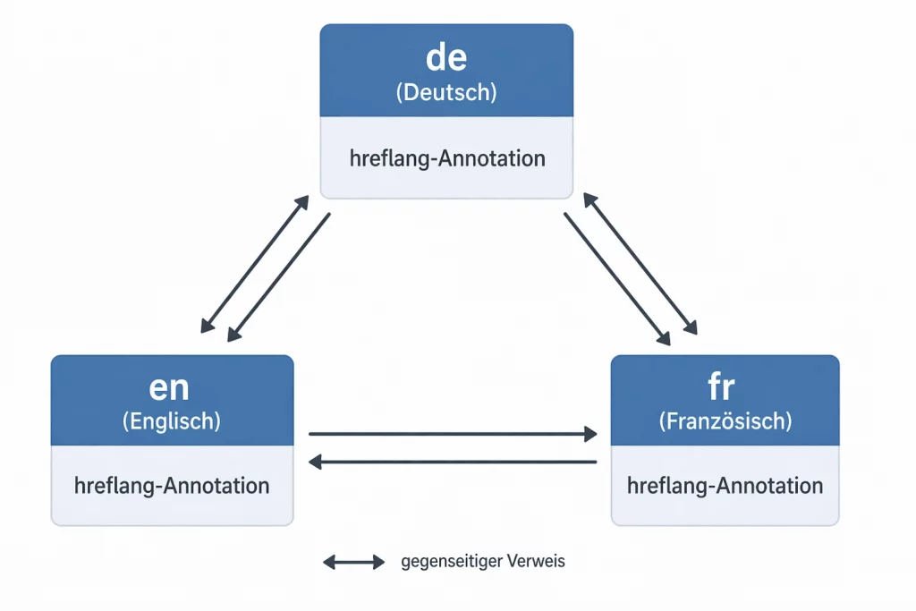 Diagramm zeigt hreflang-Annotationen zwischen drei Sprachversionen: de (Deutsch), en (Englisch) und fr (Französisch), jeweils mit gegenseitigen Verweisen verbunden