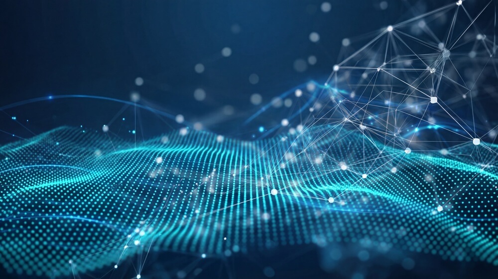 Abstraktes Netzwerk mit verbundenen Knoten als Visualisierung einer internen Linkstruktur mit PageRank, CheiRank und Crawl-Tiefe