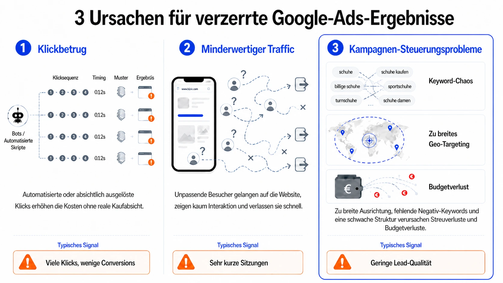 Infografik zu drei Ursachen für verzerrte Google-Ads-Ergebnisse: Klickbetrug durch Bots, minderwertiger Traffic mit geringer Interaktion und Kampagnen-Steuerungsprobleme durch Keyword-Chaos und zu breites Geo-Targeting