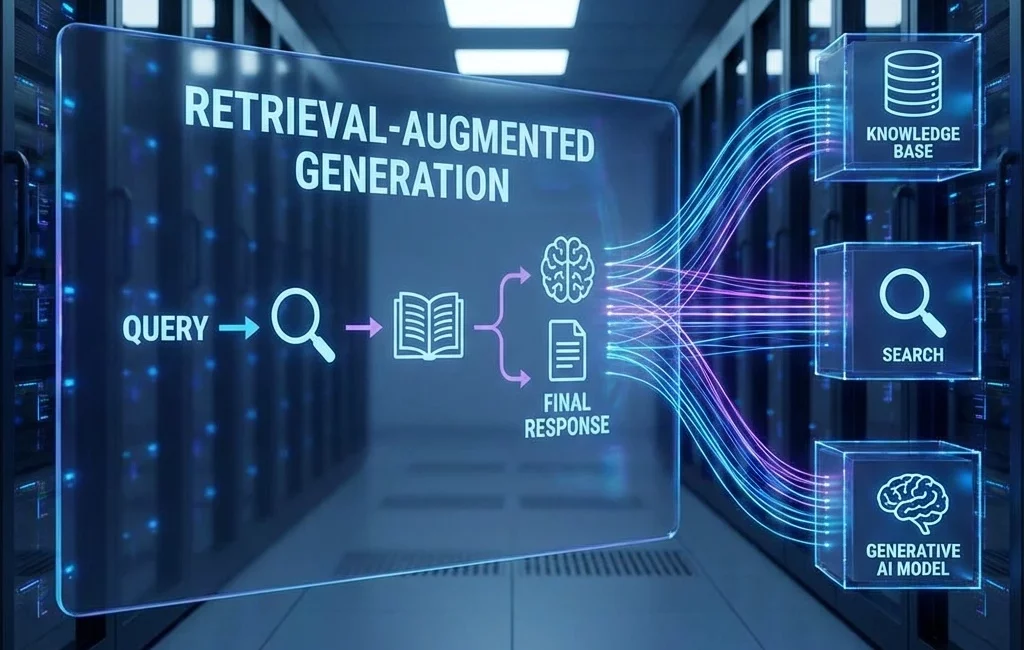Visualisierung des RAG-Prozesses in einem Rechenzentrum: Query führt über Suche und Wissensbasis zu einem generativen KI-Modell, das eine finale Antwort erzeugt